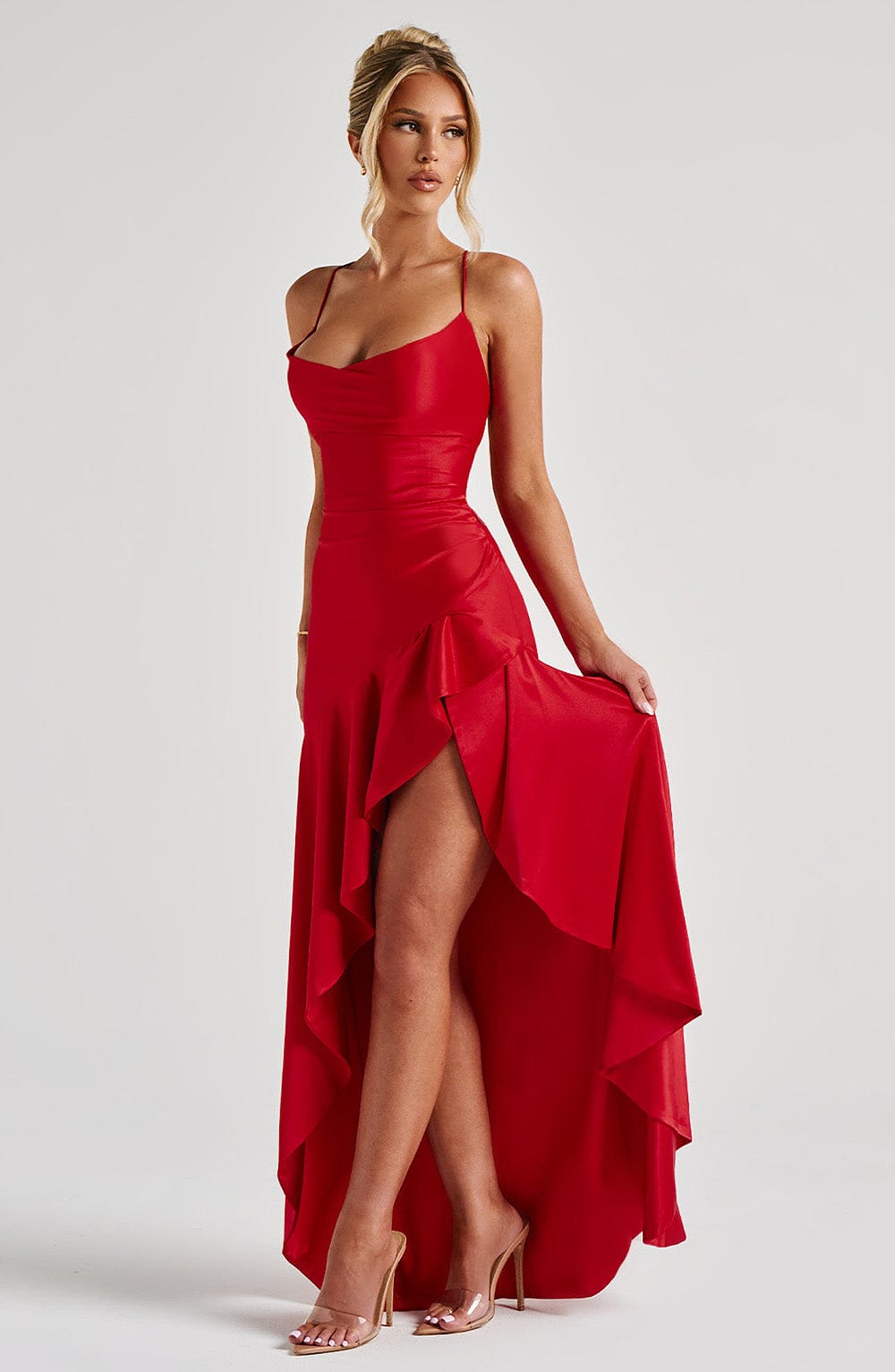 Lydia – Women's High Slit Ruffle Cowl Neck Maxi Dress