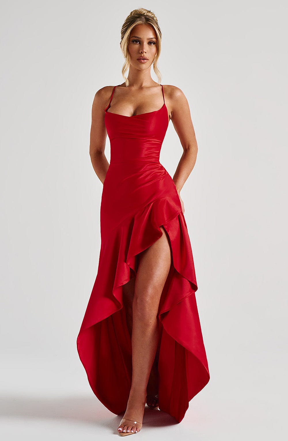 Lydia – Women's High Slit Ruffle Cowl Neck Maxi Dress