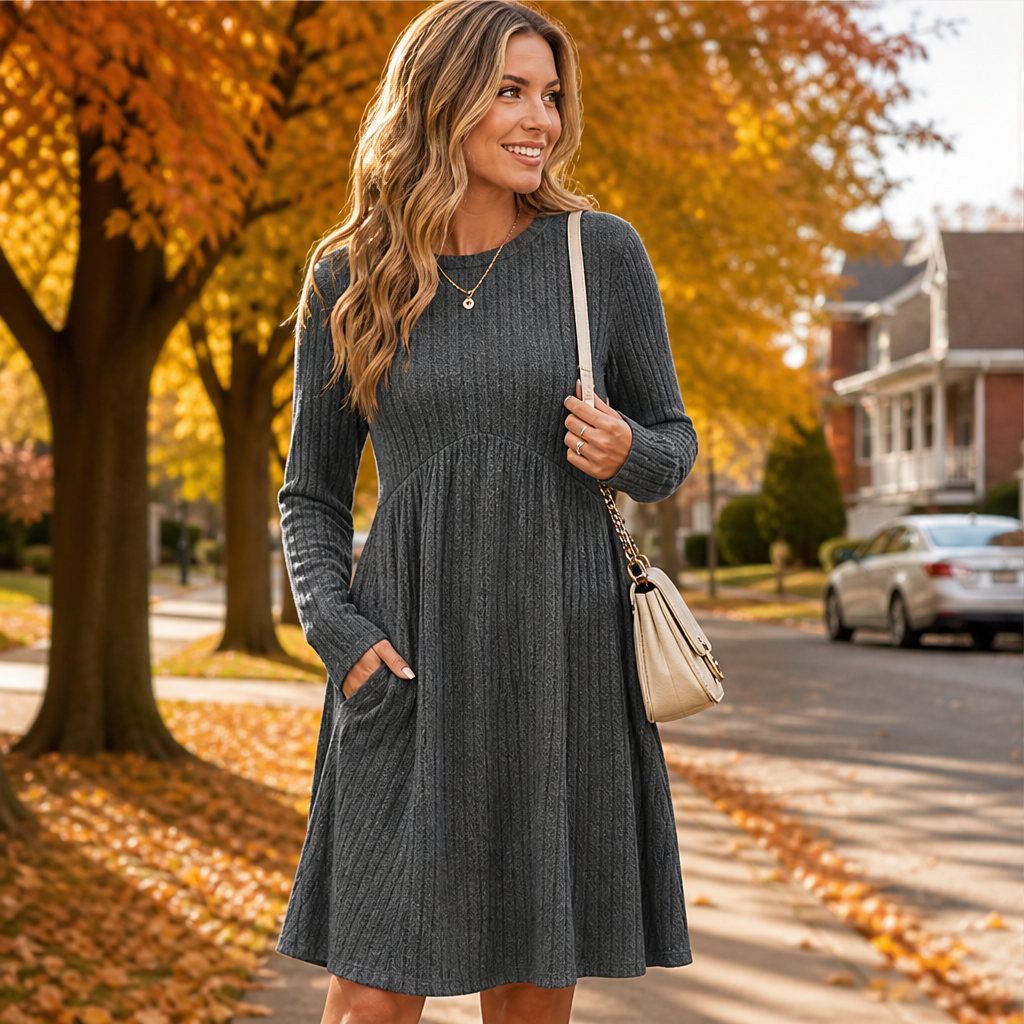 Lyra – Women's Empire Waist Ribbed Long Sleeve Dress with Pockets