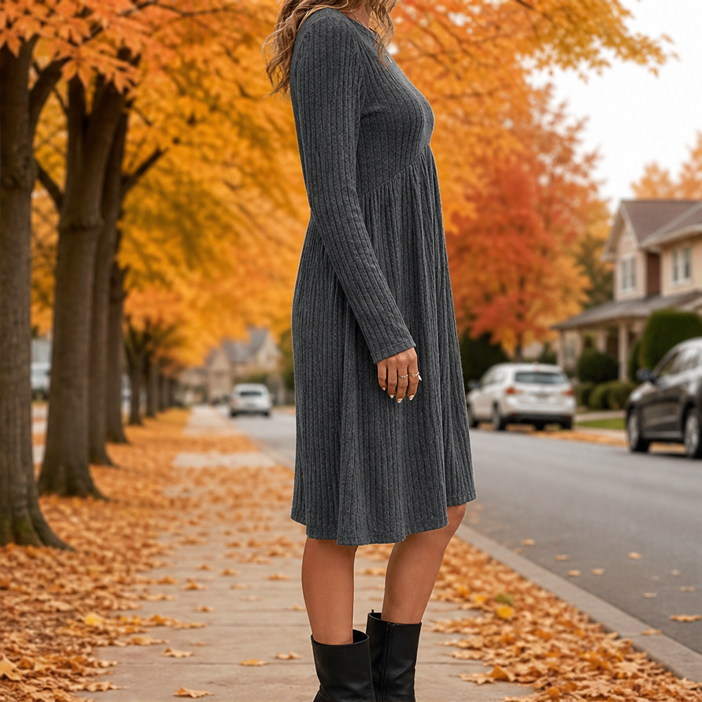 Lyra – Women's Empire Waist Ribbed Long Sleeve Dress with Pockets