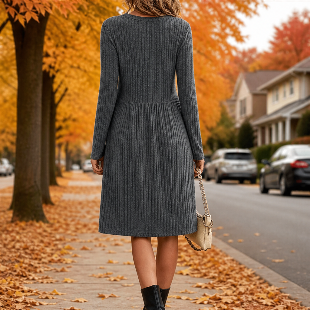 Lyra – Women's Empire Waist Ribbed Long Sleeve Dress with Pockets