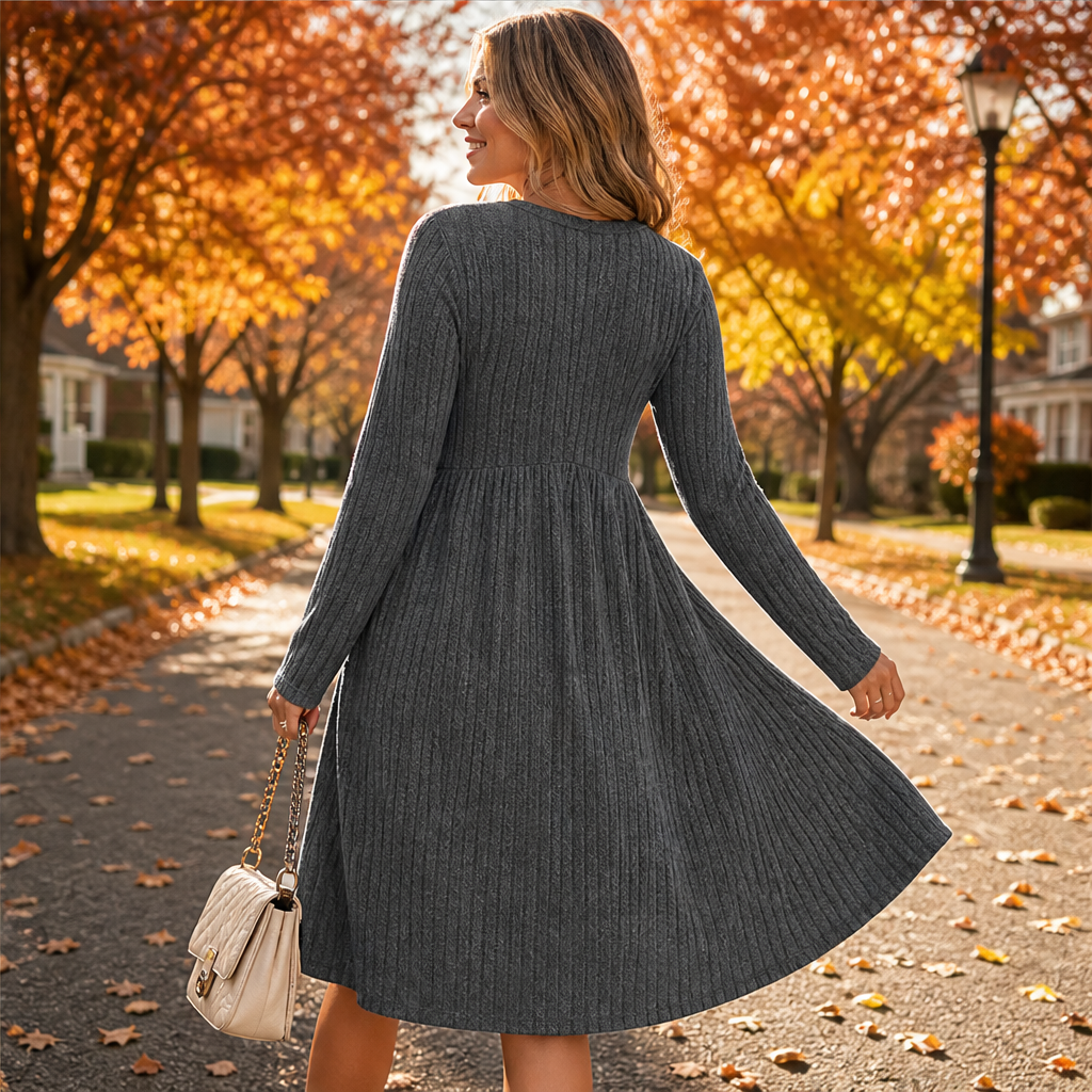 Lyra – Women's Empire Waist Ribbed Long Sleeve Dress with Pockets