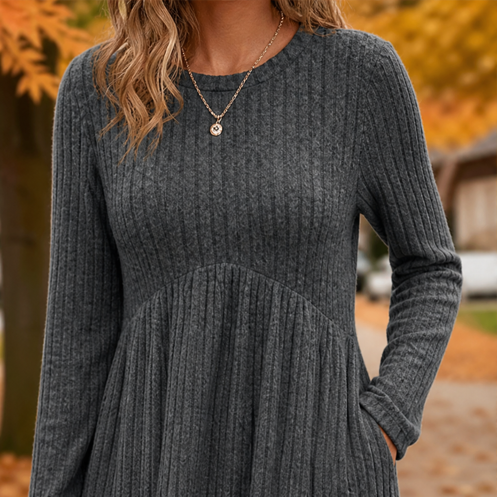 Lyra – Women's Empire Waist Ribbed Long Sleeve Dress with Pockets