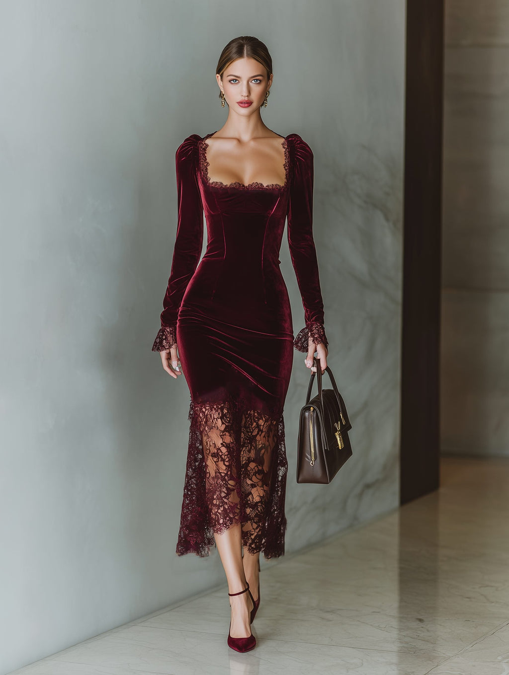 Maisie – Women's Bodycon Wedding Guest Midi Dress with Lace-Look Hem