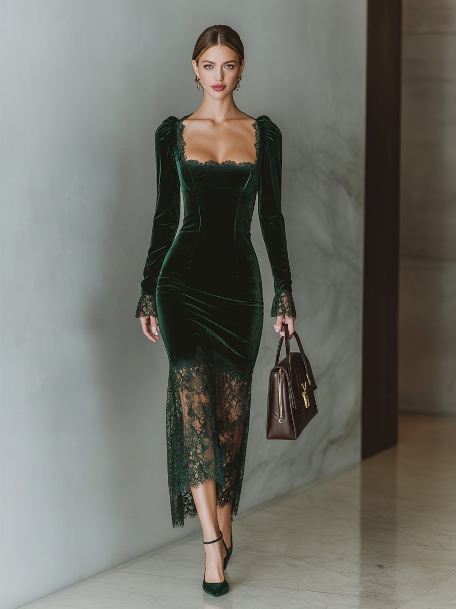 Maisie – Women's Bodycon Wedding Guest Midi Dress with Lace-Look Hem