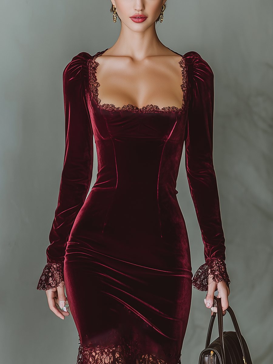 Maisie – Women's Bodycon Wedding Guest Midi Dress with Lace-Look Hem