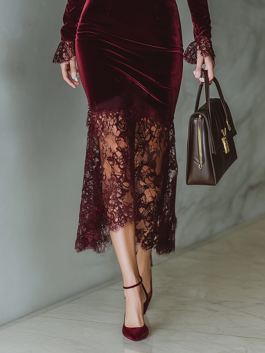 Maisie – Women's Bodycon Wedding Guest Midi Dress with Lace-Look Hem