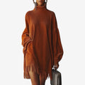 Ribbed Knit Turtleneck Dress with Fringe Hem for Women