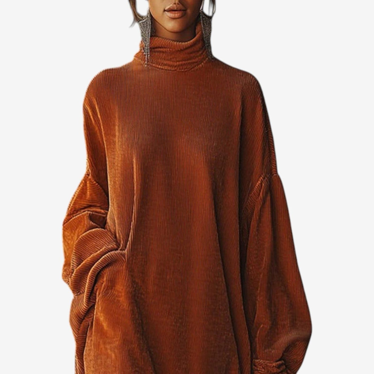 Ribbed Knit Turtleneck Dress with Fringe Hem for Women - View 2