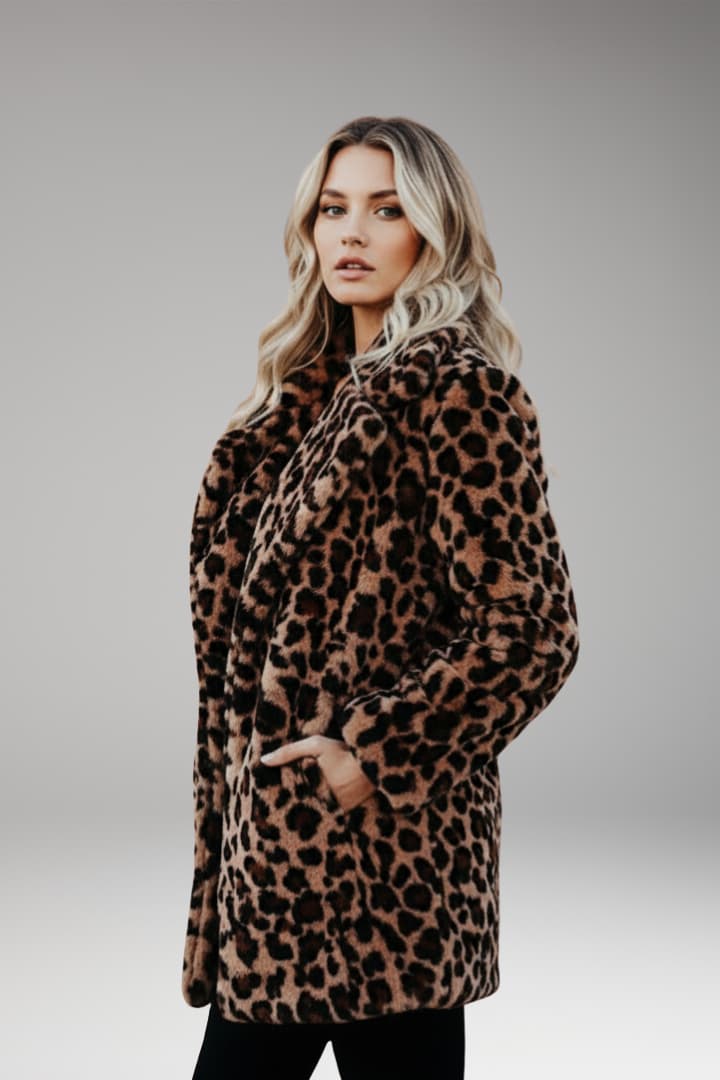 Myla – Women's Mid-Length Leopard Print Plush Coat with Lapels