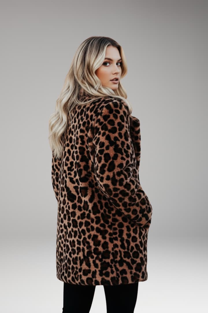 Myla – Women's Mid-Length Leopard Print Plush Coat with Lapels