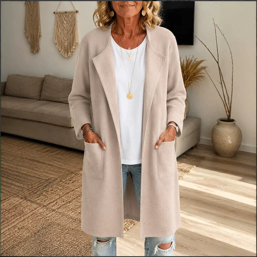 Odalys long cardigan in beige with patch pockets, front view