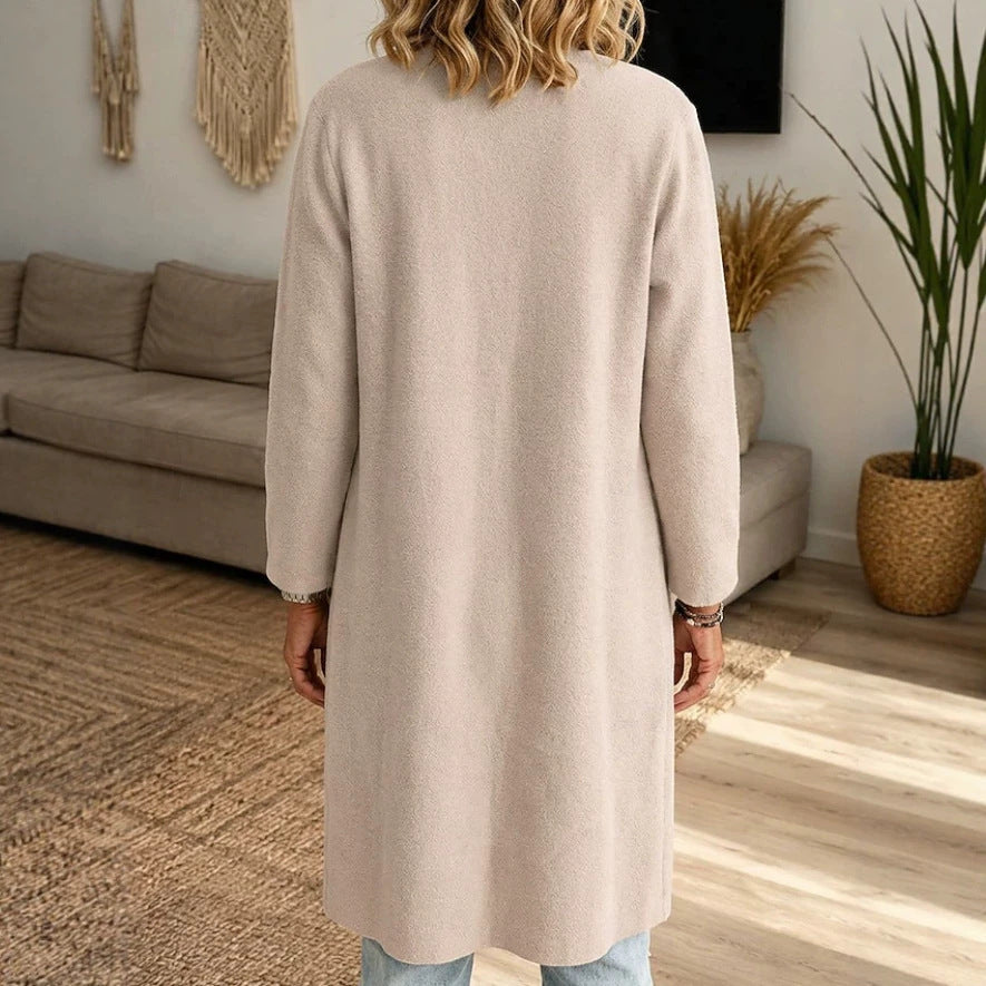 Odalys long cardigan in beige, back view showing silhouette