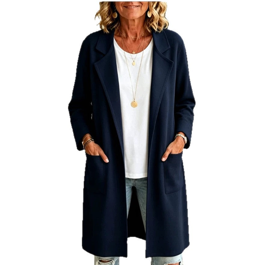 Odalys long cardigan in black, front view styled with jeans