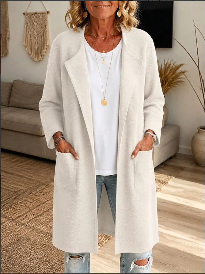 Odalys long cardigan in black, front view styled with jeans