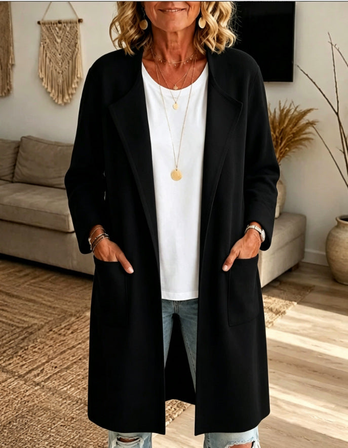 Odalys long cardigan in black, front view styled with jeans