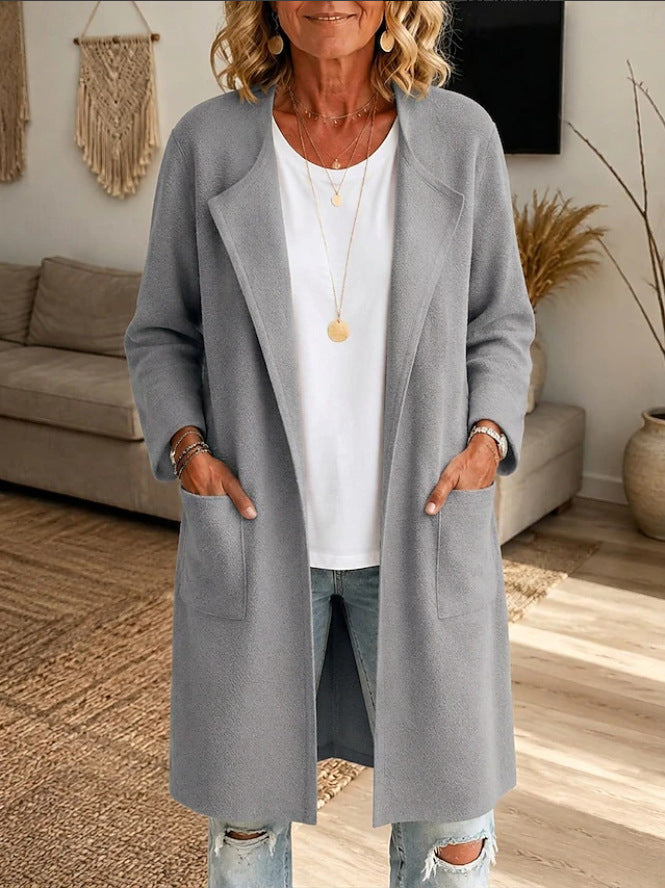 Odalys long cardigan in black, front view styled with jeans