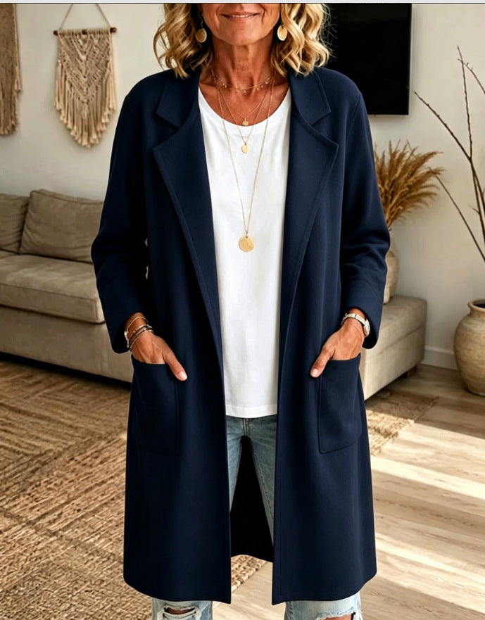 Odalys long cardigan in black, front view styled with jeans