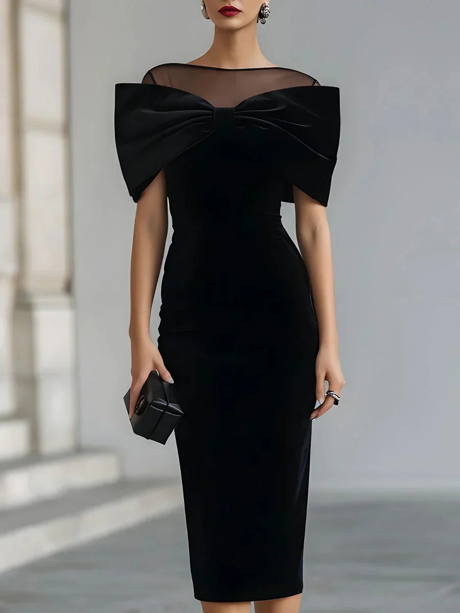 Yvette – Bodycon Velvet-Look Midi Dress with Oversized Bow for Women