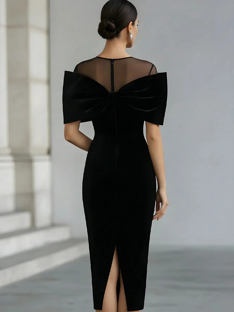 Yvette – Bodycon Velvet-Look Midi Dress with Oversized Bow for Women
