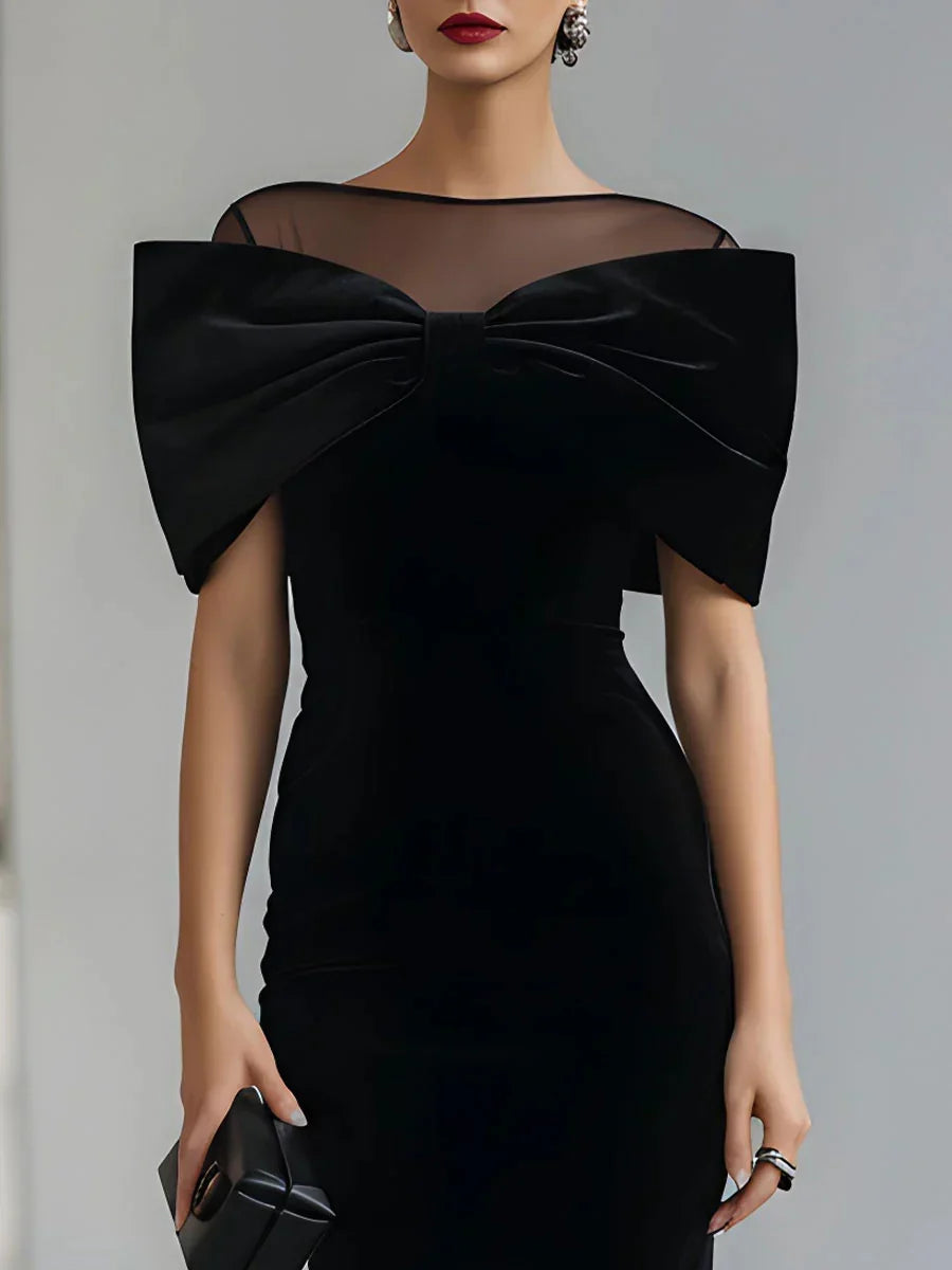 Yvette – Bodycon Velvet-Look Midi Dress with Oversized Bow for Women