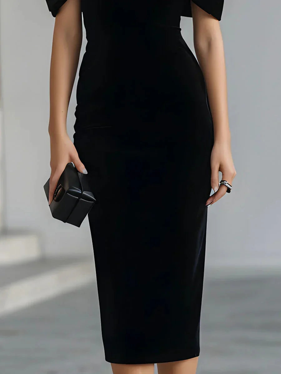 Yvette – Bodycon Velvet-Look Midi Dress with Oversized Bow for Women