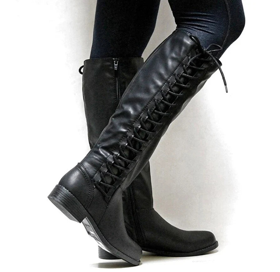 Portia – Women's Side Zip Leather-Look Knee-High Boots with Back Lacing