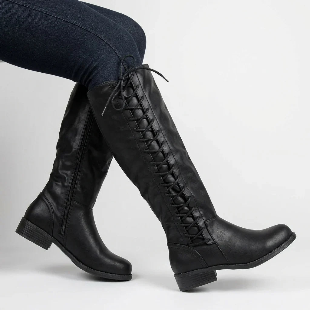 Portia – Women's Side Zip Leather-Look Knee-High Boots with Back Lacing