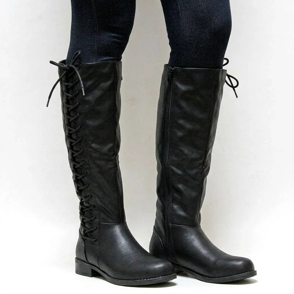 Portia – Women's Side Zip Leather-Look Knee-High Boots with Back Lacing