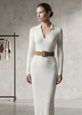 Priscilla – Women's Collared V-Neck Bodycon Midi Dress