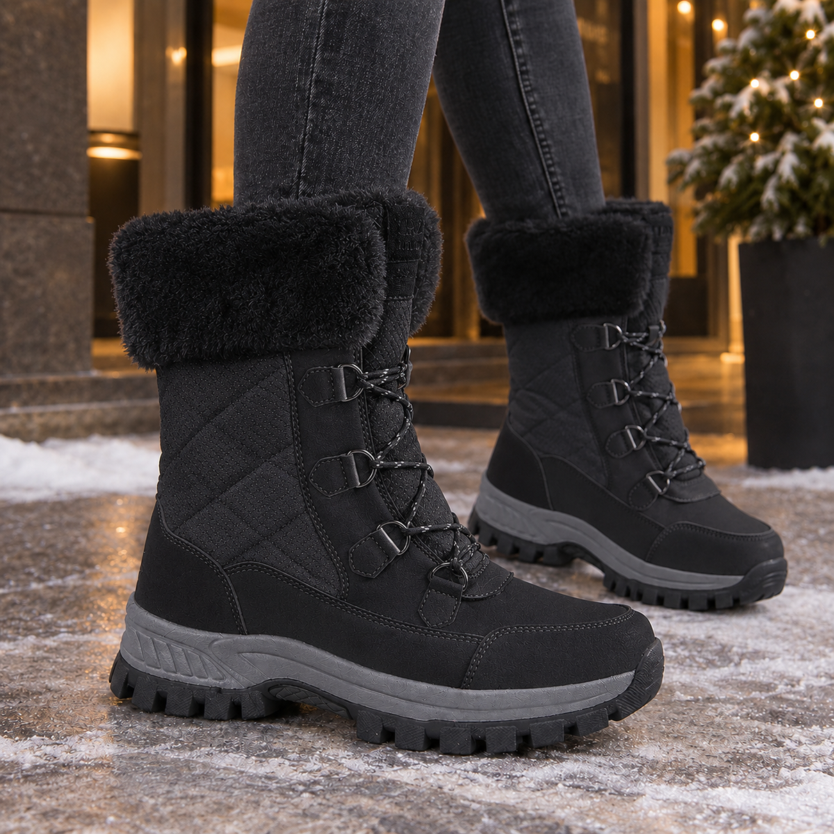Rachael – Women's Laced Mid-Calf Winter Boots with Faux Fur-Look Cuff