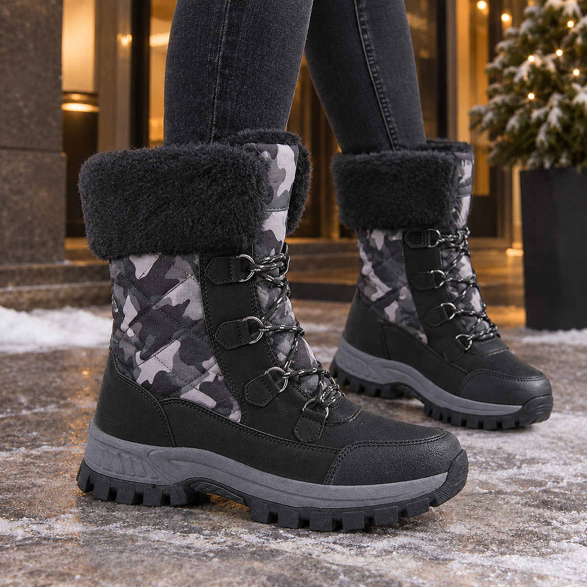Rachael – Women's Laced Mid-Calf Winter Boots with Faux Fur-Look Cuff