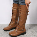 Reba – Women's Moto Flat Knee-High Boots with Buckle Straps