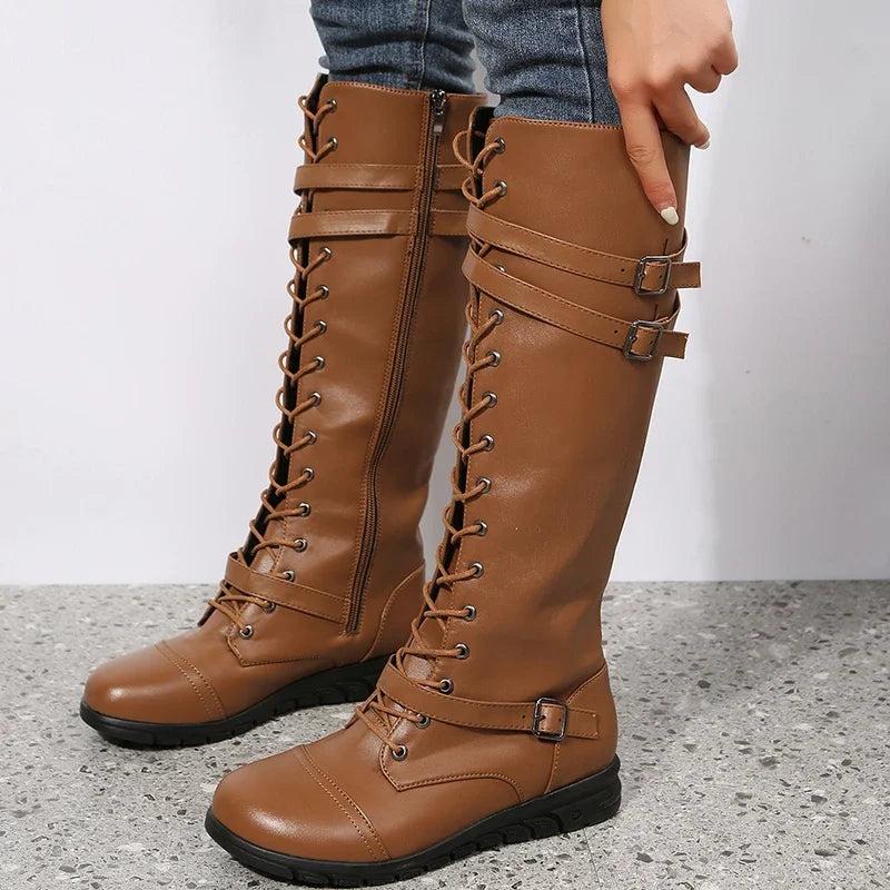 Reba – Women's Moto Flat Knee-High Boots with Buckle Straps