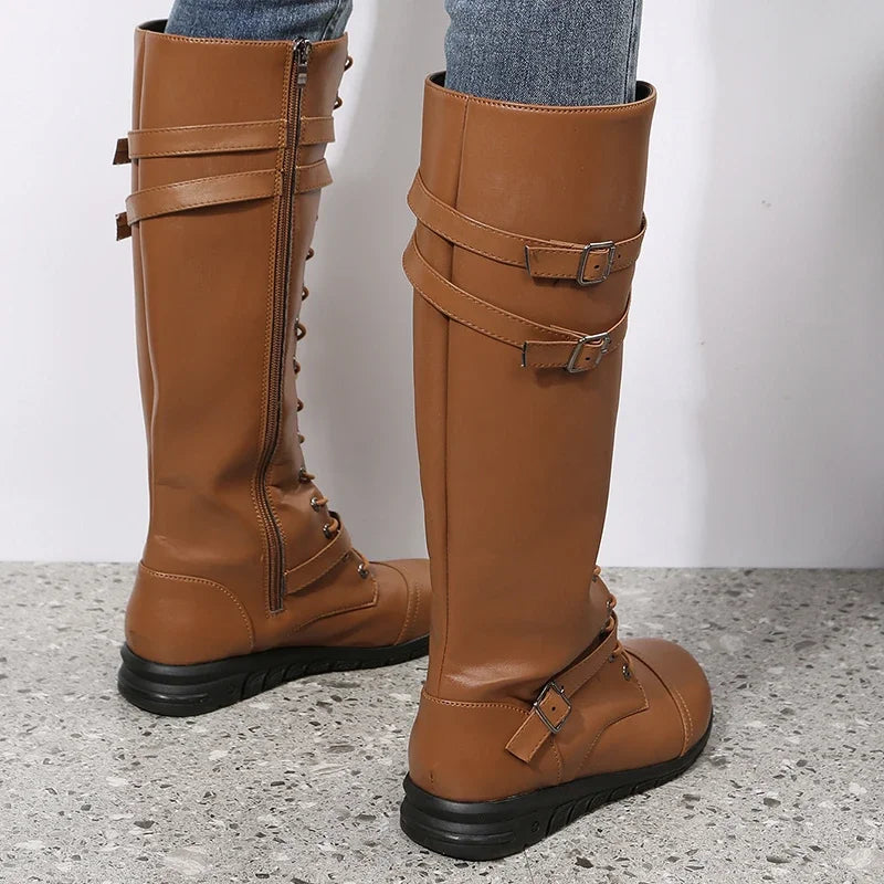 Reba – Women's Moto Flat Knee-High Boots with Buckle Straps