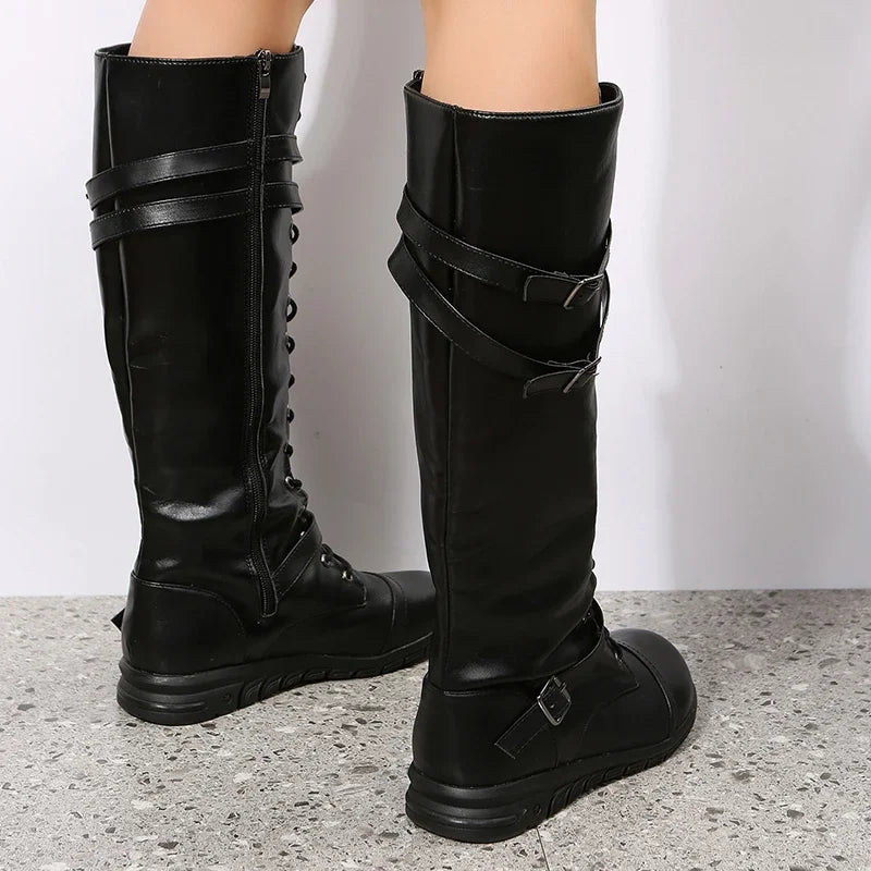 Reba – Women's Moto Flat Knee-High Boots with Buckle Straps
