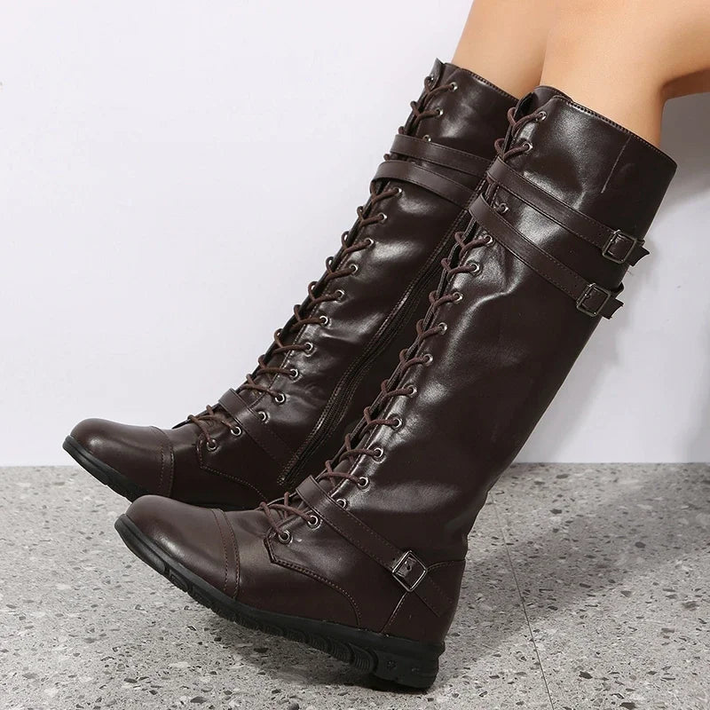 Reba – Women's Moto Flat Knee-High Boots with Buckle Straps