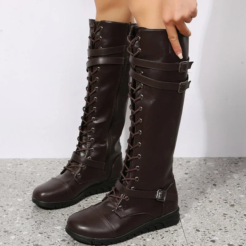 Reba – Women's Moto Flat Knee-High Boots with Buckle Straps