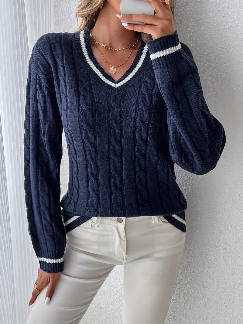 Sidonie – Women's Striped-Trim V-Neck Cable Sweater
