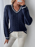 Sidonie – Women's Striped-Trim V-Neck Cable Sweater