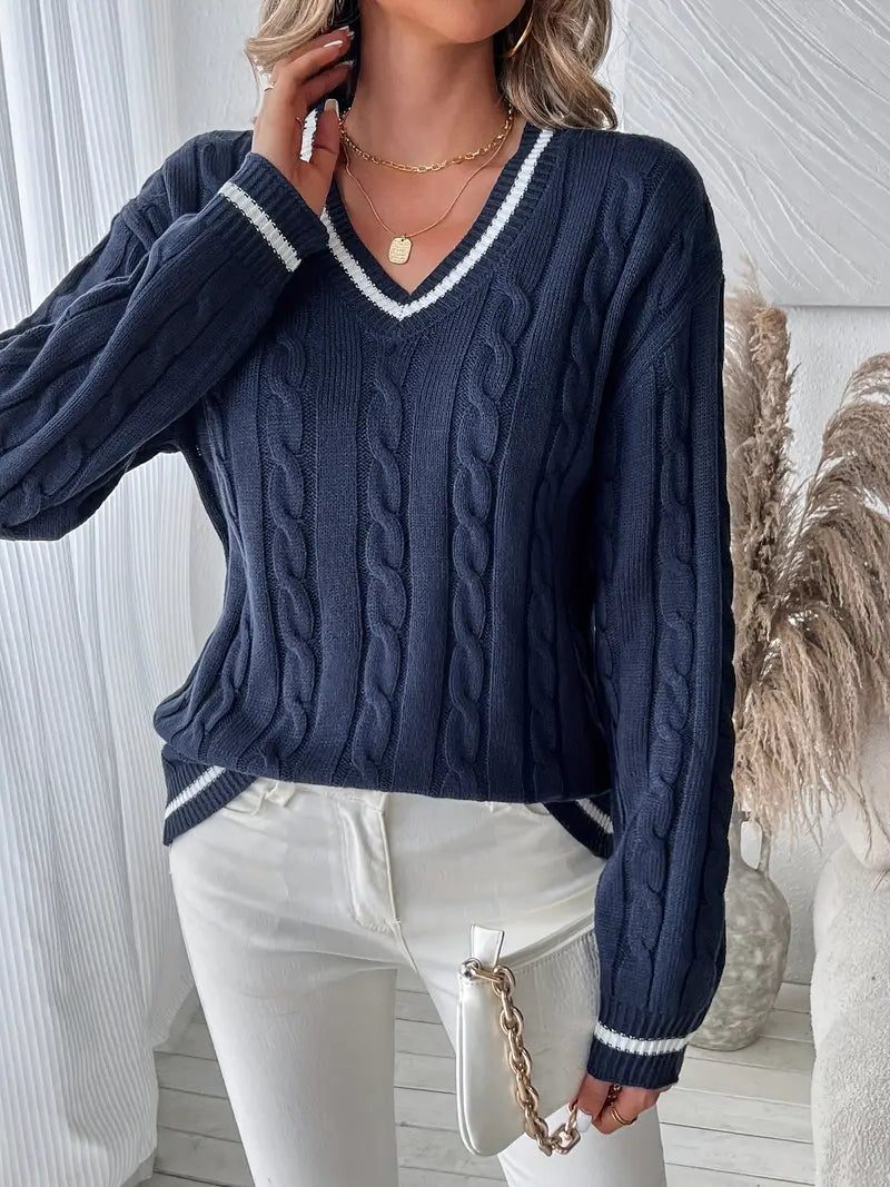 Sidonie – Women's Striped-Trim V-Neck Cable Sweater