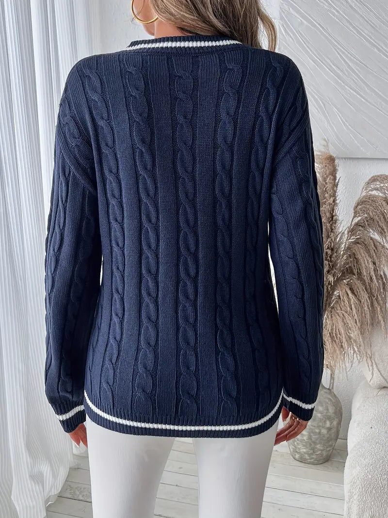 Sidonie – Women's Striped-Trim V-Neck Cable Sweater