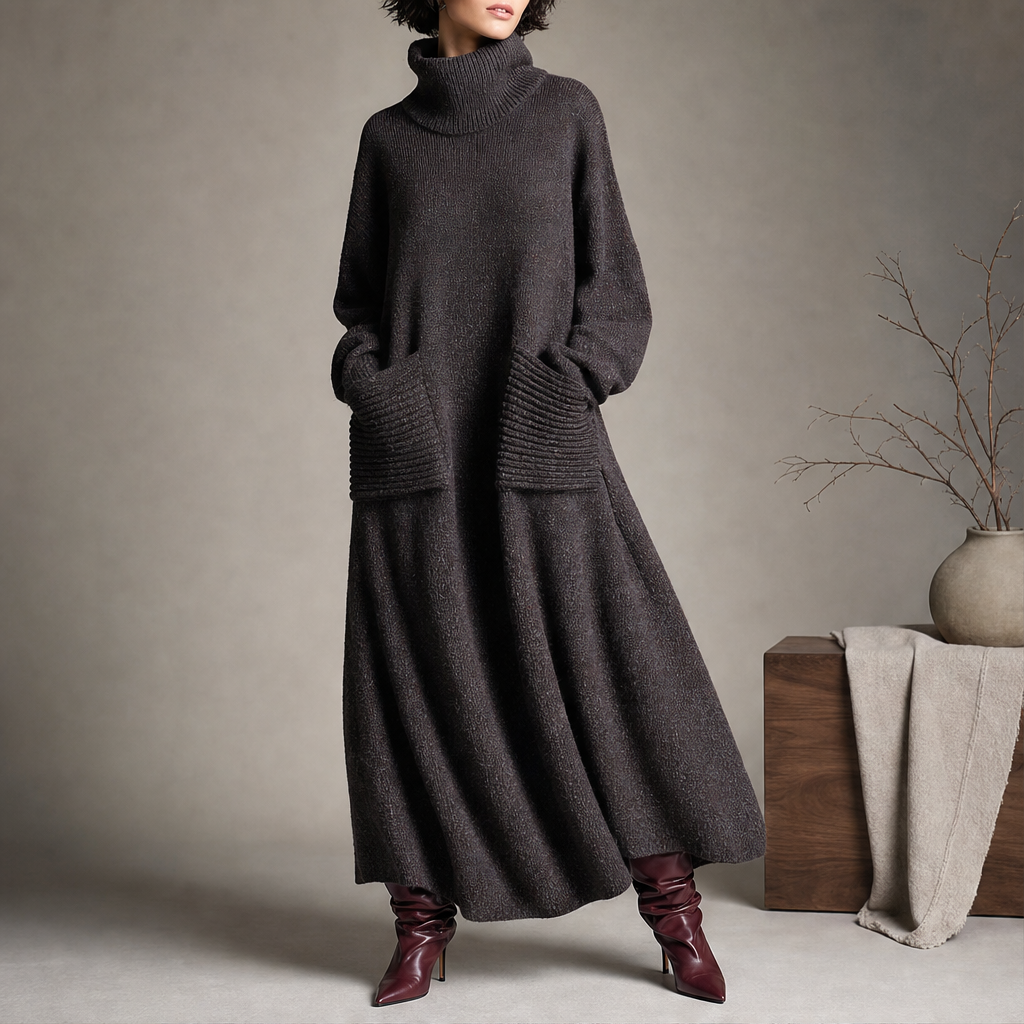 Skylar – Women's Cozy High Neck A-Line Maxi Dress with Ribbed Pockets