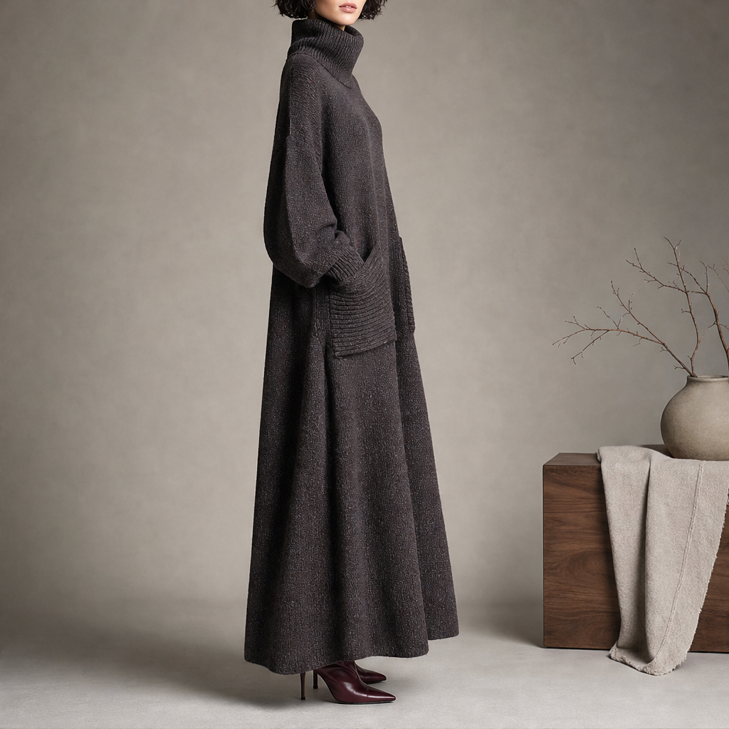 Skylar – Women's Cozy High Neck A-Line Maxi Dress with Ribbed Pockets