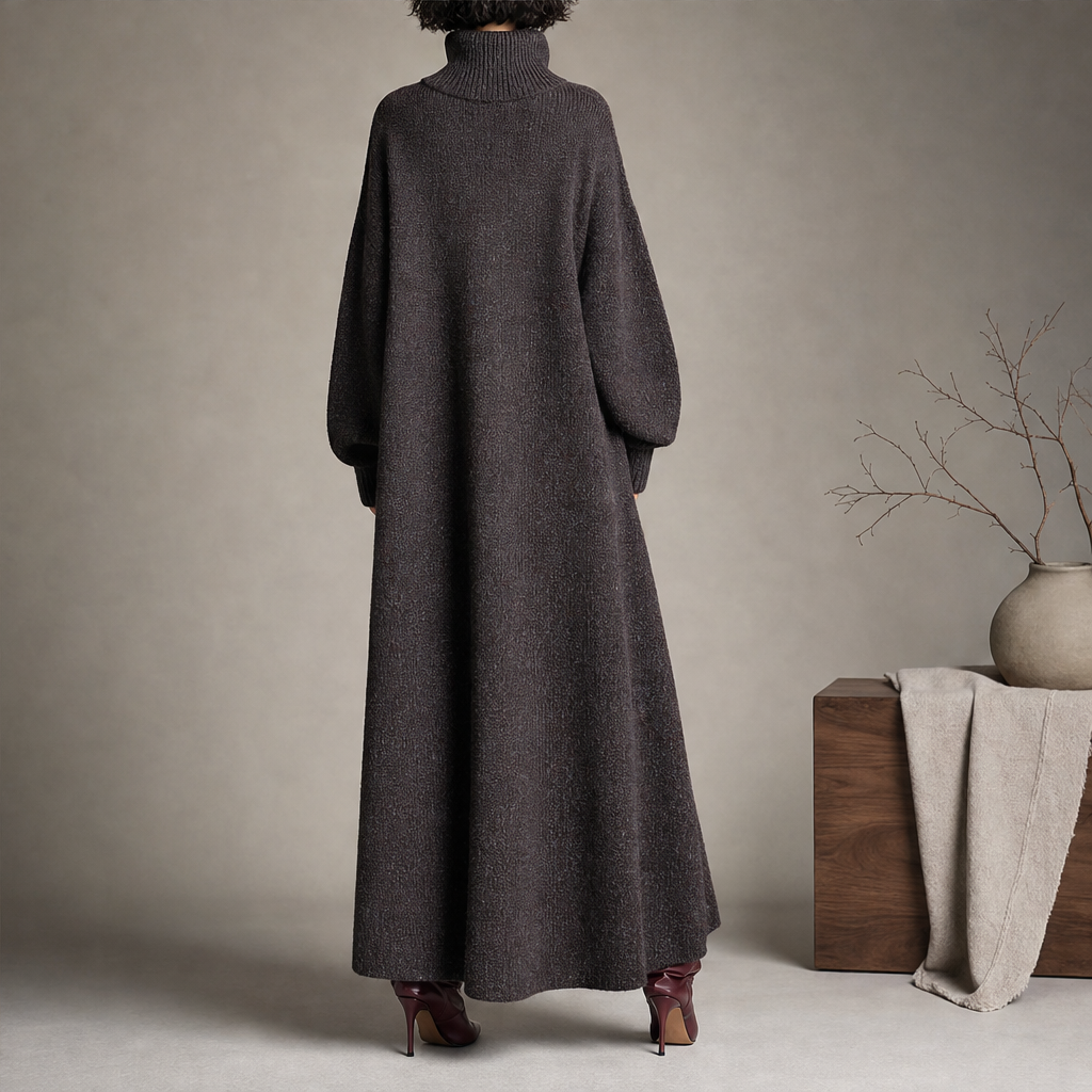 Skylar – Women's Cozy High Neck A-Line Maxi Dress with Ribbed Pockets