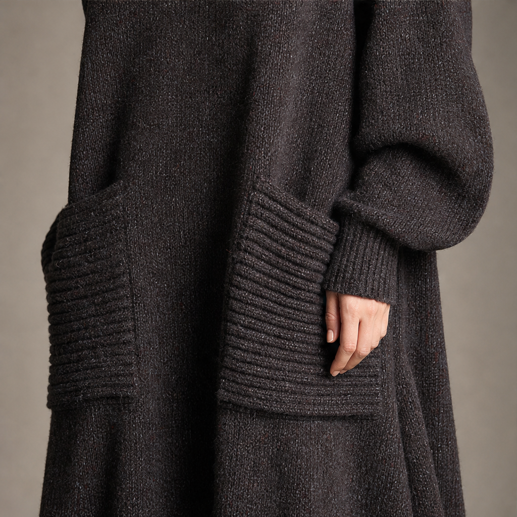 Skylar – Women's Cozy High Neck A-Line Maxi Dress with Ribbed Pockets