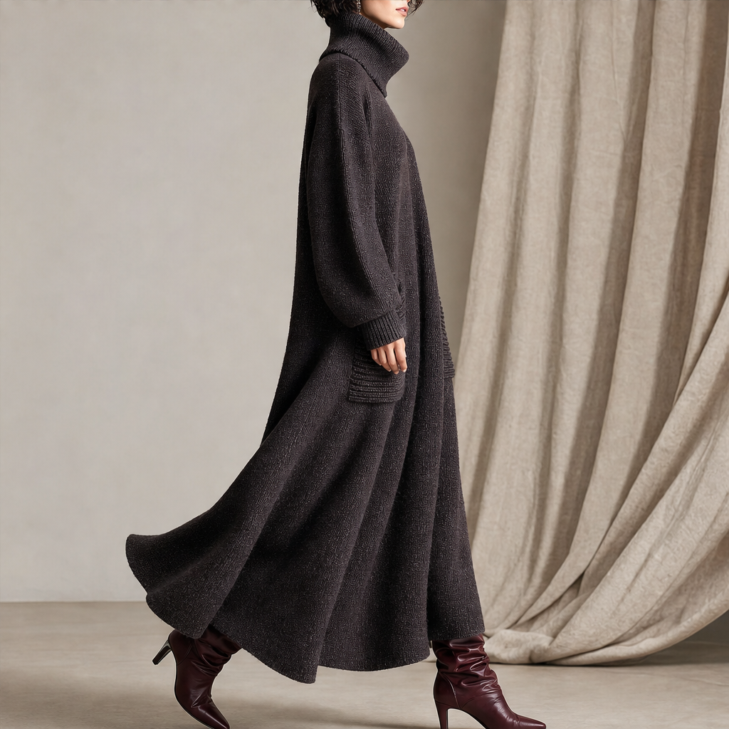 Skylar – Women's Cozy High Neck A-Line Maxi Dress with Ribbed Pockets