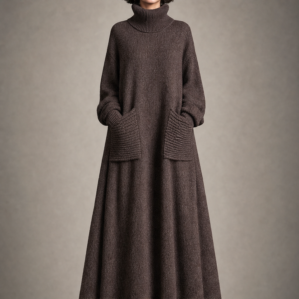 Skylar – Women's Cozy High Neck A-Line Maxi Dress with Ribbed Pockets