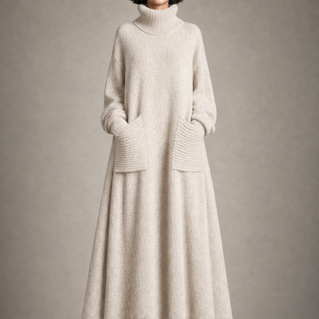 Skylar – Women's Cozy High Neck A-Line Maxi Dress with Ribbed Pockets