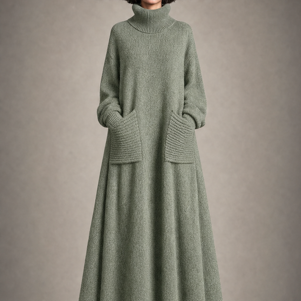Skylar – Women's Cozy High Neck A-Line Maxi Dress with Ribbed Pockets
